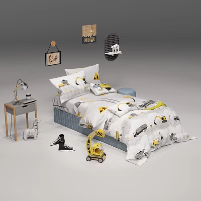 Playful Children's Bed With Transportation Print Bedding Lamp Side Table And Wall Art 3d model