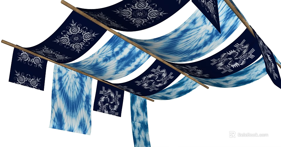 Blue And White Tie Dye Fabrics With Embroidered Patterns Hanging Decoratively 3d model