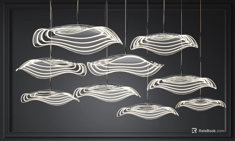 Modern Artistic Chandeliers With Curved White Lines Hanging In Contemporary Interior 3d model 