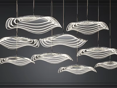 Modern Artistic Chandeliers With Curved White Lines Hanging In Contemporary Interior 3d model