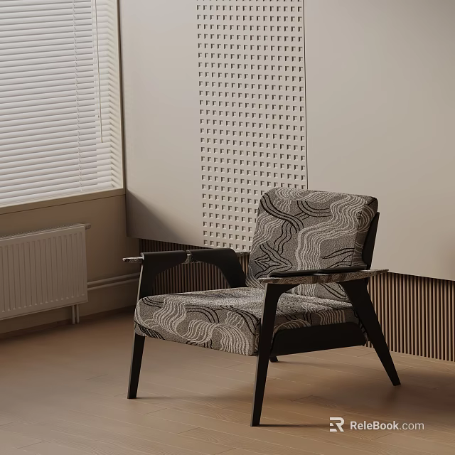 Modern Lounge Chair with Geometric Pattern Fabric and Wooden Frame Near Window with Blinds 3d model 