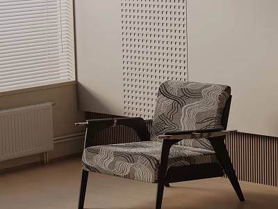 Modern Lounge Chair with Geometric Pattern Fabric and Wooden Frame Near Window with Blinds 3d model
