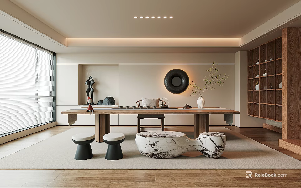 Tranquil Tea Room Interior With Long Wooden Table Tea Sets Circular Decor And Green Plants 3d model 