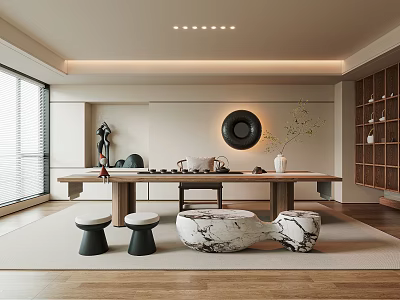 Tranquil Tea Room Interior With Long Wooden Table Tea Sets Circular Decor And Green Plants 3d model
