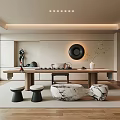 Tranquil Tea Room Interior With Long Wooden Table Tea Sets Circular Decor And Green Plants