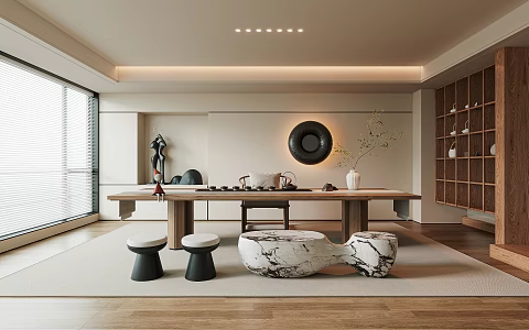 New Chinese Style Tea Room Tea Table and Chair Combination Tea Set Tea Room Background Low Stool 3d model