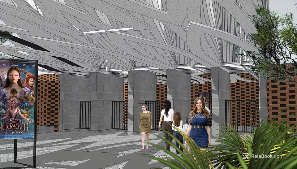 Modern Architectural Interior Space With Geometric Ceiling Red Brick Walls And Green Plants 3d model 