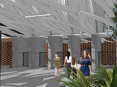 Modern Architectural Interior Space With Geometric Ceiling Red Brick Walls And Green Plants 3d model