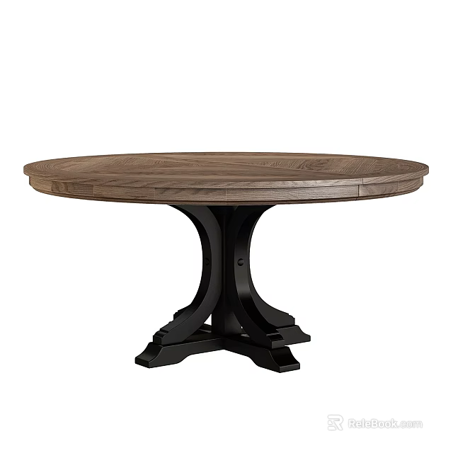 Elegant Round Dining Table With Wooden Tabletop And Black Metal Base 3d model