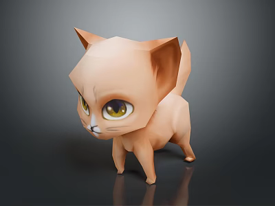 Low Poly Brown Kitten with Large Yellow Eyes Pointed Ears 3D Model on Dark Background 3d model
