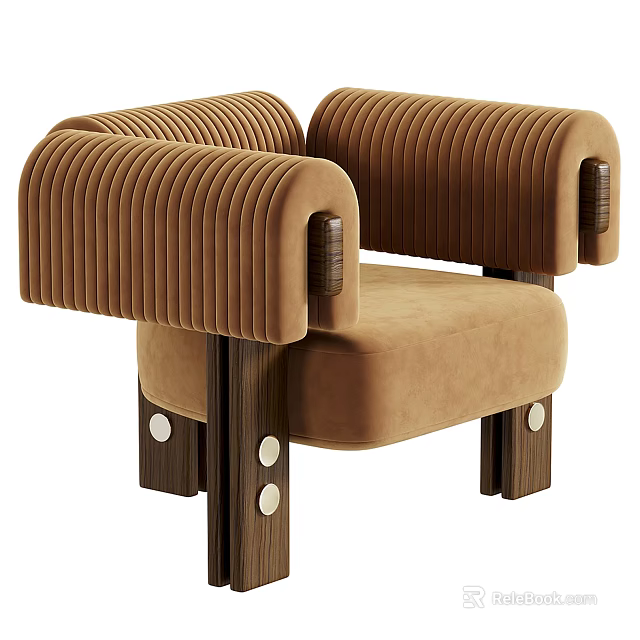 Brown Velvet Leisure Chair With Ribbed Armrests Padded Seat Wooden Legs And Metal Accents 3d model 
