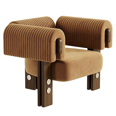 Brown Velvet Leisure Chair With Ribbed Armrests Padded Seat Wooden Legs And Metal Accents 3d model