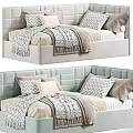 Kids Bed With Upholstered Headboard Soft Pillows And Cozy Blankets In Pastel Colors