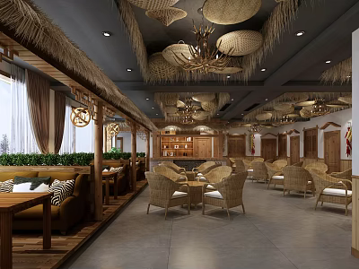 Rustic Dining Interior With Straw Hat Pendant Lights Rattan Furniture Wooden Decor And Green Plants 3d model