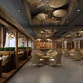 Rustic Dining Interior With Straw Hat Pendant Lights Rattan Furniture Wooden Decor And Green Plants