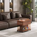 Brown Leather Sofa With Plush Pillows And Wooden Coffee Table On Wheels In Living Room
