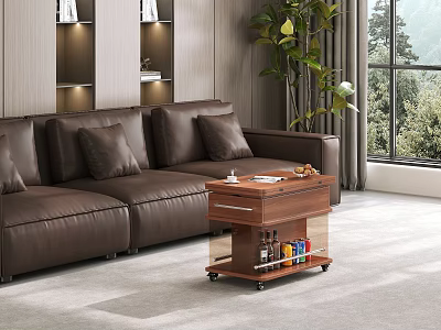 Brown Leather Sofa With Plush Pillows And Wooden Coffee Table On Wheels In Living Room 3d model