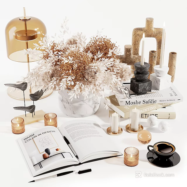 Elegant Decorative Ornament Set With Dried Flower Bouquet Marble Vase Candles Books Bird Figurines And Coffee Cup 3d model 