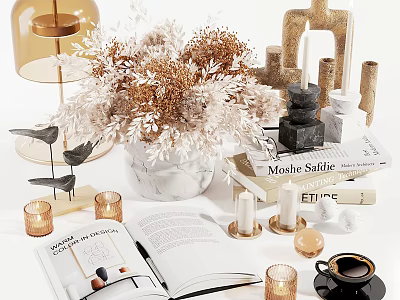 Elegant Decorative Ornament Set With Dried Flower Bouquet Marble Vase Candles Books Bird Figurines And Coffee Cup 3d model