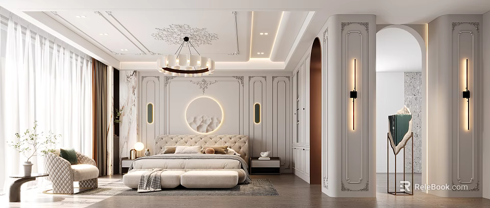 Elegant Bedroom Interior With Upholstered Headboard Circular Decorative Wall Chandelier And Carved Ceiling 3d model 
