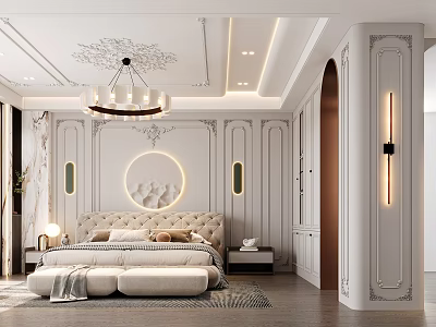 Elegant Bedroom Interior With Upholstered Headboard Circular Decorative Wall Chandelier And Carved Ceiling 3d model