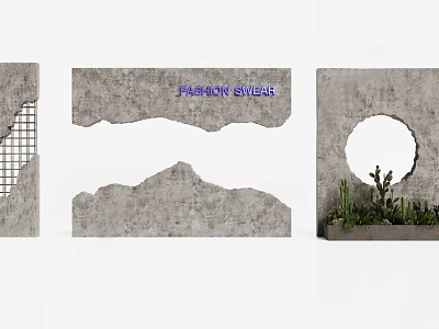 Stylish Concrete Partitions with Irregular Edges Circular Cutout Grid and Cactus Plants Along Fashion Street 3d model