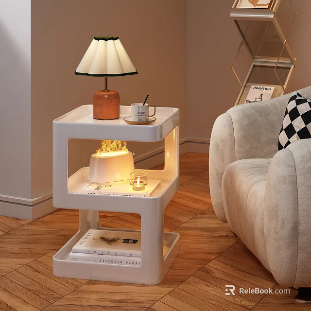 White Multi Tiered Side Table With Table Lamp Flame Decoration Beside Sofa In Living Room 3d model 
