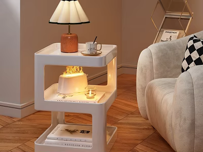 White Multi Tiered Side Table With Table Lamp Flame Decoration Beside Sofa In Living Room 3d model