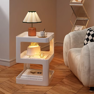 White Multi Tiered Side Table With Table Lamp Flame Decoration Beside Sofa In Living Room 3d model