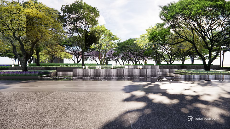 Park Landscape with Various Trees Lush Greenery Paved Pathway and Seating Area 3d model 