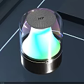 Modern Transparent Glass Cover Speaker With Circular Top Green Glowing Bottom And Blue Geometric Background