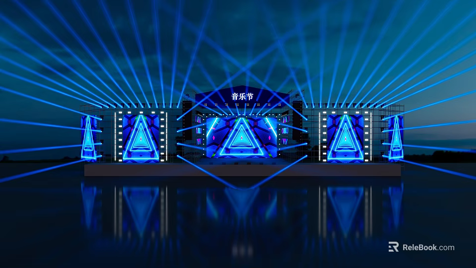 Vibrant Music Festival Stage With Blue Laser Beams Triangular Screens And Lighting Effects 3d model 