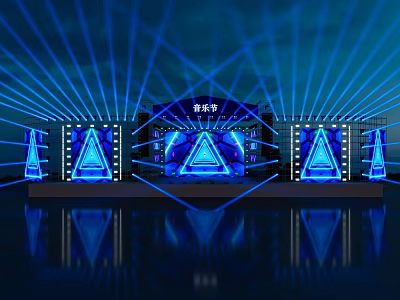 Vibrant Music Festival Stage With Blue Laser Beams Triangular Screens And Lighting Effects 3d model