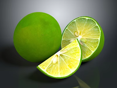 Fresh Green Limes Whole And Sliced With Juicy Pulp And Seeds On Dark Surface 3d model
