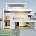 Modern Detached Villa Exterior With Two Story Design Large Windows Lawn And Driveway