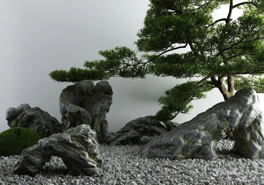 Garden Ornament With Natural Rock Formations Pine Tree Gravel And Moss 3d model 