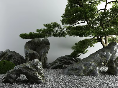 Garden Ornament With Natural Rock Formations Pine Tree Gravel And Moss 3d model