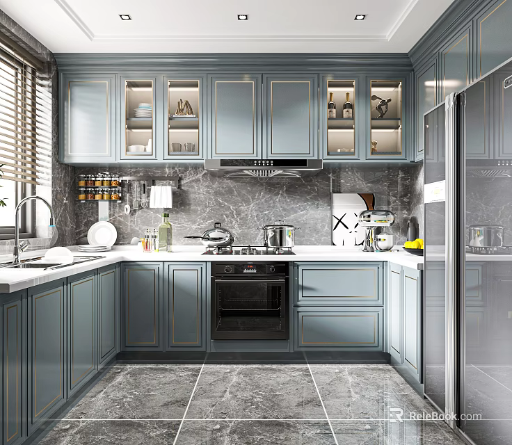 Elegant Blue Gray Kitchen With Glass Front Cabinets Marble Countertop And Stainless Steel Refrigerator 3d model 