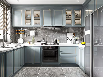 Elegant Blue Gray Kitchen With Glass Front Cabinets Marble Countertop And Stainless Steel Refrigerator 3d model