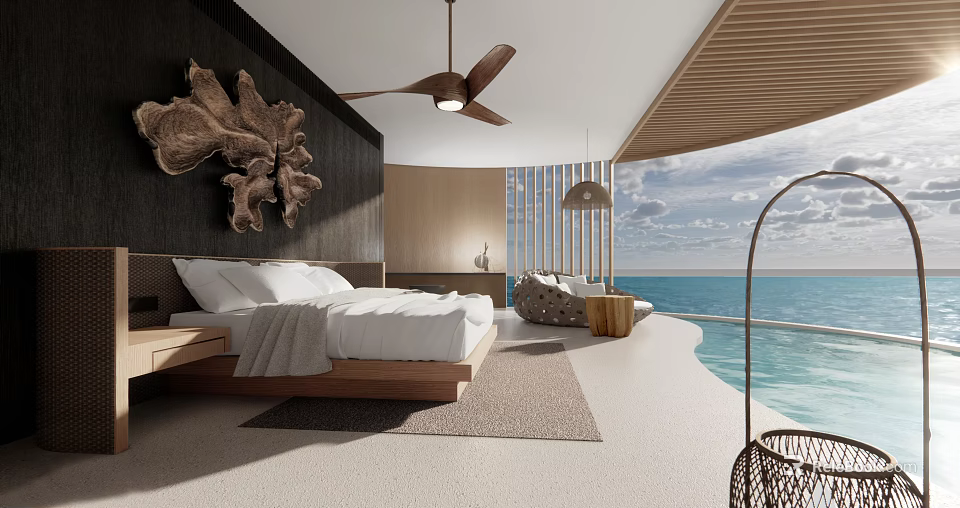Hotel Guest Room with Ocean View Minimalist Wooden Decor and Floor to Ceiling Windows 3d model 