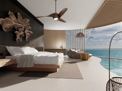 Hotel Guest Room with Ocean View Minimalist Wooden Decor and Floor to Ceiling Windows 3d model