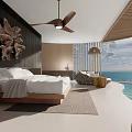 Hotel Guest Room with Ocean View Minimalist Wooden Decor and Floor to Ceiling Windows