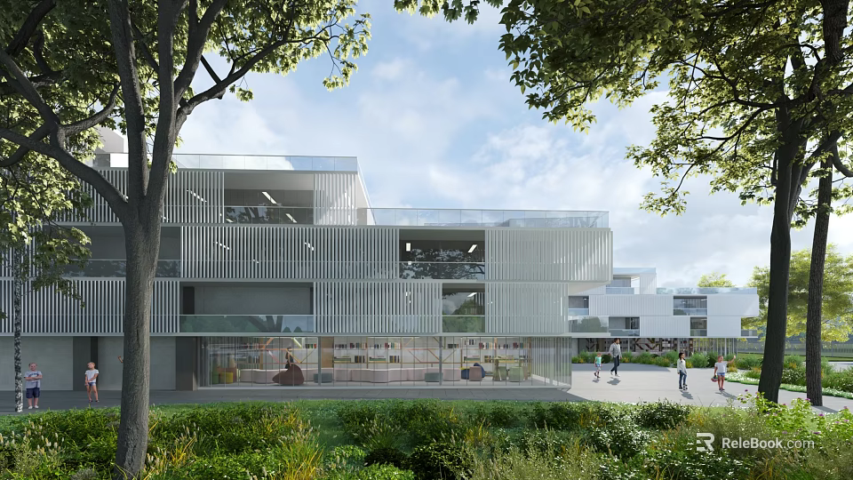 Modern Office Building With Glass Facade And Metal Structure Surrounded By Trees And Greenery 3d model 