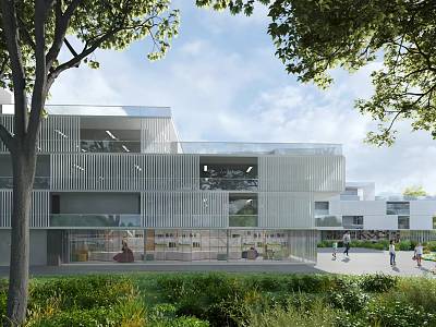 Modern Office Building With Glass Facade And Metal Structure Surrounded By Trees And Greenery 3d model