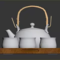 White Ceramic Tea Set with Bamboo Handle and Six Cups on Wooden Tray