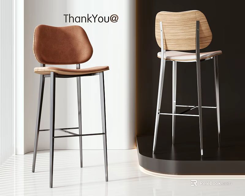 Modern Brown And Wooden Bar Stools With Metal Frames In Contemporary Interior 3d model 