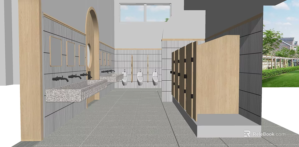 Public Toilet Interior With Wooden Stalls Sinks Mirrors And Window Facilities 3d model 