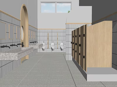 Public Toilet Interior With Wooden Stalls Sinks Mirrors And Window Facilities 3d model