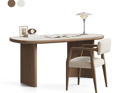 Modern Curved Walnut Wood Desk And Beige Upholstered Chair Combination For Cozy Home Study Space 3d model