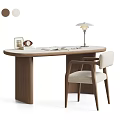 Modern Curved Walnut Wood Desk And Beige Upholstered Chair Combination For Cozy Home Study Space